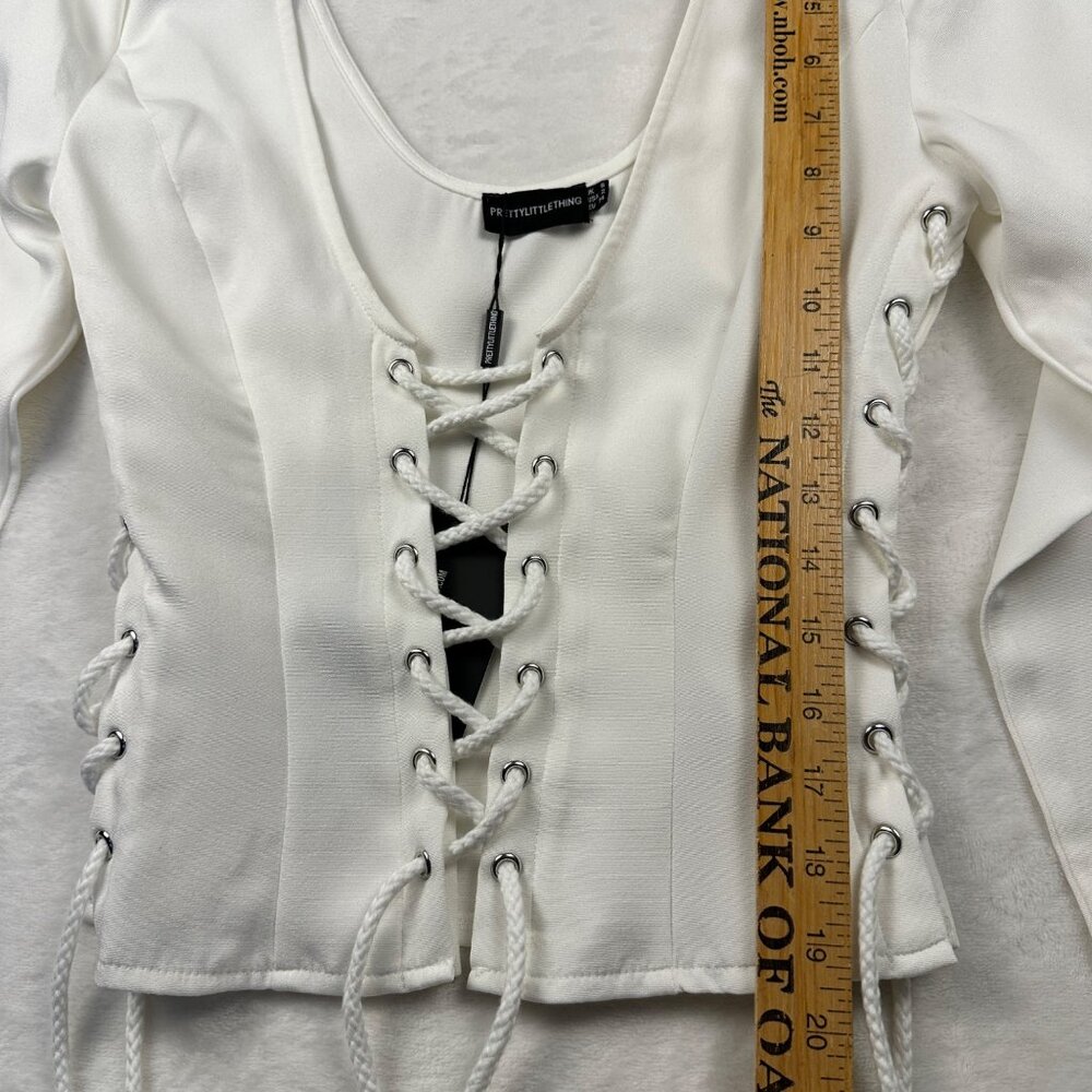 PLT WOMENS TOP SIZE 2 CREAM WOVEN LACE UP PLUNGE DETAIL LONG SLEEVE SEXY TOP NWT - Picture 8 of 12